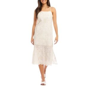 Karen Kane Cotton Eyelet Midi Dress Adjustable Straps Scalloped Hem Ivory S NWT